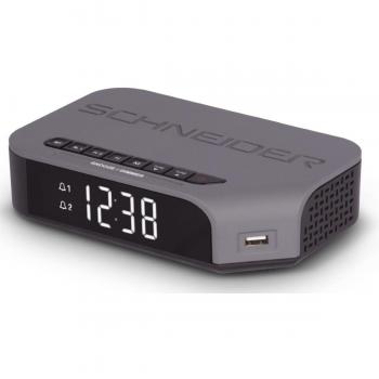 Schneider Consumer - Radio despertador VIVA SC310ACLRED, Radio despertador, Sintonizador digital FM, Alarma DUAL, Pantalla LCD, USB para carga de dispositivos, Gris