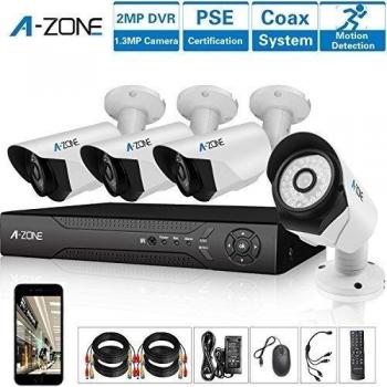 A-ZONE 4 Canales AHD 1080P DVR Kit Videovigilancia 4 x 1.3MP Cámaras de Videovigilancia ,IP67 Impermeable, Exterior y Interior,36 LEDs Seguridad Kit , sin Disco Duro