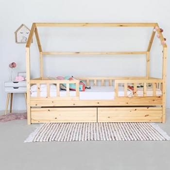 Cama Infantil Casita Montessori con Barandilla y 2 Cajones de Madera de Pino 90x190cm