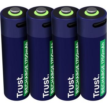 Baterías Recargables AA Trust 25631 USB-C, Pack de 4 Piezas, 1700 mAh, Carga Directa con Cable USB Incluido