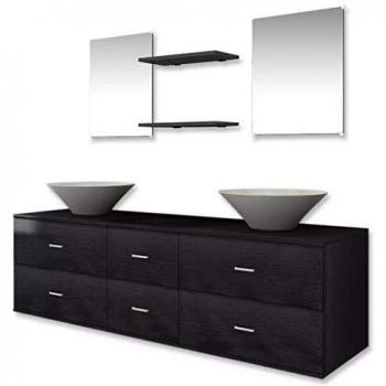 vidaXL Juego de Muebles de Cuarto Baño con Lavabos Conglomerado 7 Piezas Negro