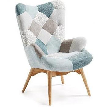 Kave Home - Butaca Kody Azul Patchwork con reposabrazos y Patas de Madera Maciza de Haya Natural