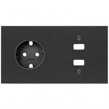 Kit frontal horizontal para 2 elementos con 1 cargador 2xUSB y 1 enchufe schuko negro mate