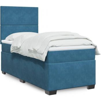 Cama box spring con colchón de terciopelo azul 100x200 cm