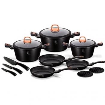 Batería de Cocina Berlinger Haus Black Rose 14 Piezas, Antiadherente Mármol sin PFOA, Aluminio Forjado, Incluye 3 Cazuelas con Tapas de Cristal, 3 S