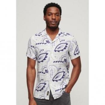 Camisa de lino estampada para hombre Superdry de cuello abierto en gris laurel