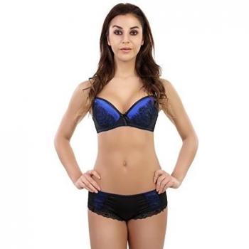 Fleur Papillon - Conjunto de lencería - para mujer Multicolore - Bleu/noir 90C/panty:: 90C-90C