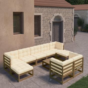 Set de muebles de jardín 10 piezas con cojines en madera de pino color marrón miel