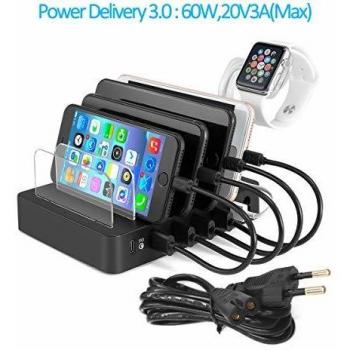 iLEPO - Cargador USB de 105 W con Cargador USB-C PD de 60 W y estación de Carga USB de 5 Conectores de 45 W para Apple MacBook y Otros Ordenadores portátiles USB-C, teléfonos móviles, tabletas, etc.