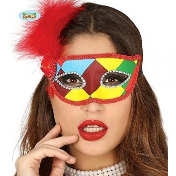 Guirca Antifaz Arlequín Multicolor con Pluma