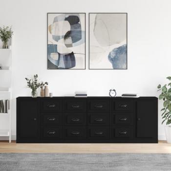 Aparador de Madera Contrachapada VidaXL 3 Piezas, Mueble de Almacenaje para Salón, Buffet y Armario Auxiliar en Color Negro
