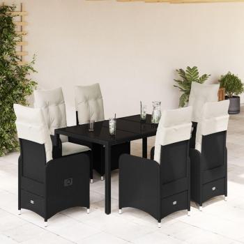 7-Piece Black Poly Rattan Garden Bistro Set with Cushions