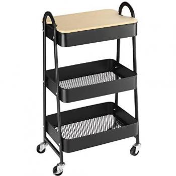 Carrito Auxiliar con Ruedas de 3 Niveles, Carrito de Cocina con 3 Cestas de Acero y 1 Placa de Cubierta para Comedor Sala Baño, Dimensiones: 45x31x