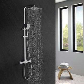 BONADE Columna de Ducha Termostática 38 °C Conjunto de Ducha Cuadrado para Baño con 10 Alcachofa Ducha Lluvia en Acero Inoxidable y 3 Tipos Ducha de Mano y Barra Altura Ajustable