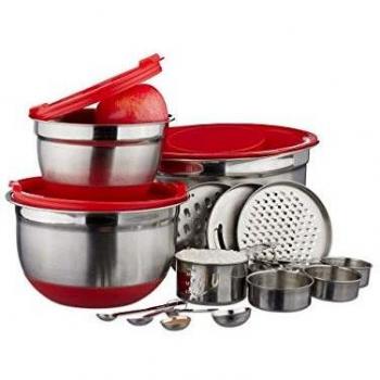 Juego de 17 Utensilios de Cocina Relaxdays, Incluye Vasos y Cucharas Medidoras, Cuenco Antideslizante para Mezclar, Rallador, Color Plateado y Rojo
