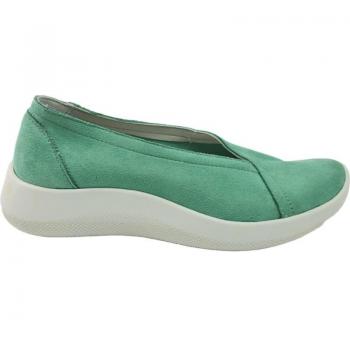 Cómoda Bailarina Mujer Arcopedico GOREME de Licra LAYTECH Verde, elástica para mejor adaptación a tu pie, piso con sistema de doble arco lateral para mejorar el apoyo, altura tacón bajo (3-5 cm