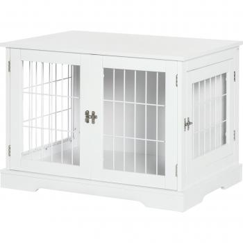 PawHut Jaula de Madera para Perros Pequeños 76x54,5x56 cm Perrera con Mesa con 2 Puertas y Rejillas de Acero Blanco