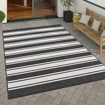 Alfombra Interior y Exterior Geométrico Rayas, tamaño: 160x220 cm, color: Antracita-Blanco, diseño moderno con dibujo geométrico y motivo abstracto