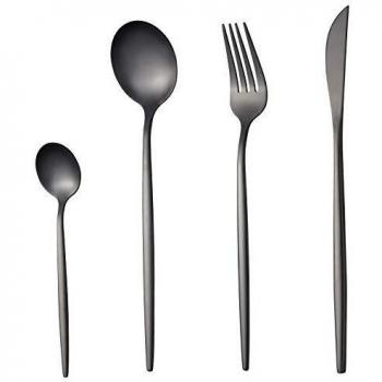 Cuberteria Mate Negra Acero Inoxidable 24 Piezas 6 Personas,SANLI Cuchillo y Tenedor Cuchara Set De Cubiertos Vintage.