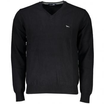 Embroidered Black V-Neck Cotton Sweater for Men - Size L