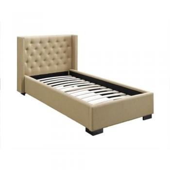 Cama 90 x 200 cm con cabecero capitoné de tela beige - Massimo II