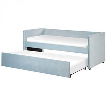 Cama Nido de Terciopelo Azul Claro 90 x 200 cm con Listones de Madera y Tachuelas Decorativas Troyes