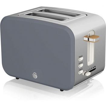 Swan Nordic ST14610GRYN 2-Slice Toaster with Wide Slot, 3 Functions, 6 Toasting Levels, Modern Stainless Steel Design with Wood-Effect Lever, Matte Grey, 900W