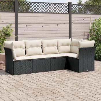 5-Piece Black Poly Rattan Garden Sofa Set with Cushions