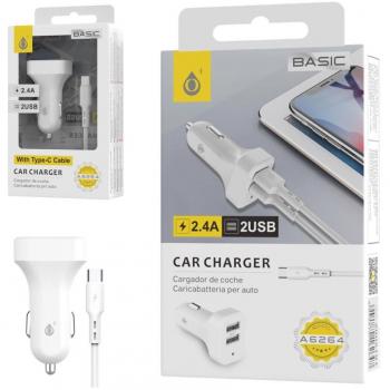 Cargador de Coche 2 USB Tipo C Blanco con Cable de 1m, Doble Puerto 5V 2.4A Compatible con iPhone, iPad, Samsung, Huawei y Xiaomi