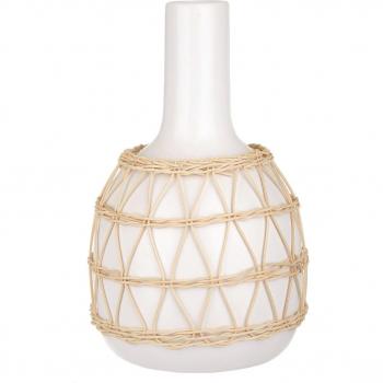 Jarrón de cerámica y ratán blanco - 28,5 cm