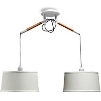 Lámpara Colgante Nordica Blanco y Madera 2 Luces con Pantalla Blanca