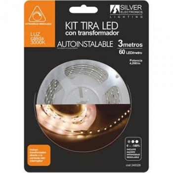 Kit Tira LED 3m 12V 4,8W/m Luz Cálida 3000K IP20 con Alimentador y Regulador Monocolor de 230VAC