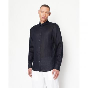 Armani Exchange - Camisa de hombre regular lisa de lino azul