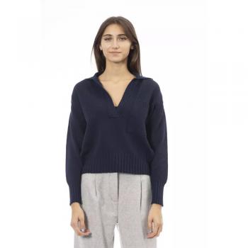Alpha Studio Women's Blue Wool V-Neck Sweater with Front Pocket, Size IT42|M