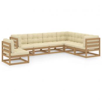 Set de muebles de jardín 7 piezas con cojines en color marrón miel y fabricado en madera de pino