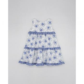Vestido bebé niña de algodón azul con flores y volantes vichy
