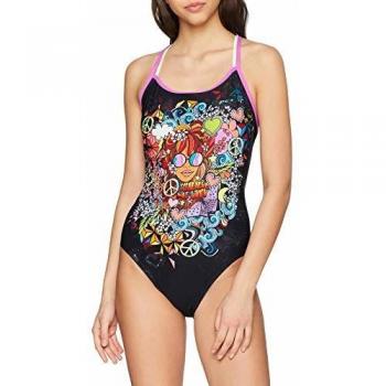 Speedo Hippy Chick Dreams Placement Double Crossback AF Traje De Baño, Mujer, Black/Bright Zest/Neon Orchid/Psycho Red, 38