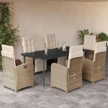7-Piece Beige Poly Rattan Garden Dining Set with Cushions