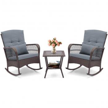 Gray 3-Piece Patio Rocking Chair Set with Coffee Table and Cushions
