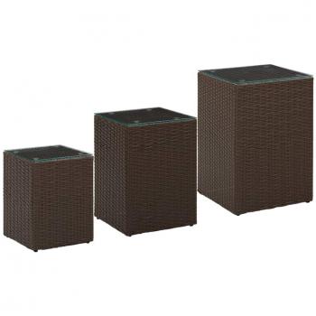 vidaXL Side Tables 3 pcs with Glass Top Brown Poly Rattan