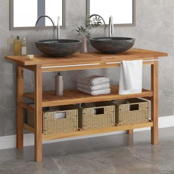 Mueble de Baño con Lavabos de Mármol Negro y Madera Maciza de Teca