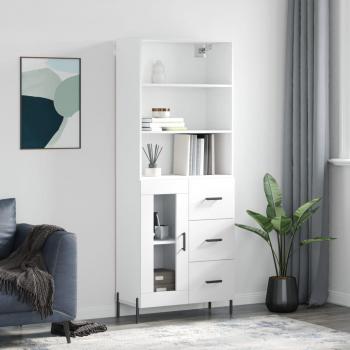 Aparador alto de madera contrachapada blanca vidaXL 69,5x34x180 cm con 1 puerta de cristal y 3 cajones, mueble de almacenaje para salón, buffet y armario auxiliar