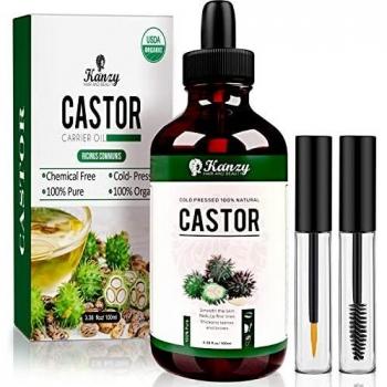 Kanzy Aceite de Ricino para Pestañas y Cejas 100ml Aceite de Ricino Puro para Cabello, Barba, Uñas, Cuerpo y el Rostro Prensado en Frío, Ideal Aceite Pelo Crecimiento Cabello Castor Oil con Cepillos