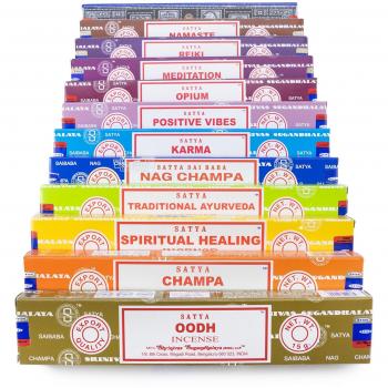 Satya Variedad Set B 12x15g cajas de incienso incluye: Nag Champa, Super Hit, Vibes Positiva, Namaste, Champa, Opium, Reiki, Sanación Espiritual, Oodh, Karma, Meditación, Ayurveda Tradicional
