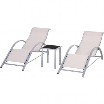 Outsunny Set de 2 Tumbonas con Reposabrazos y Mesa de Café de Vidrio Templado 59x169x66 cm para Jardín, Patio, Piscina o Terraza - Color Beige