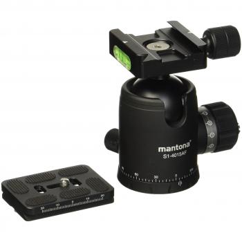 Cabeza de Bola Mantona Fortress 40 mm, Soporta hasta 15 kg, Función Panorama 360°, 3 Niveles de Burbuja, Incluye Placa de Liberación Rápida y Control de Fricción