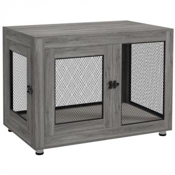Jaula para perros grandes estilo mueble PawHut 94x60x71,5 cm con mesa auxiliar, 2 puertas de pestillo, cojín de tela oxford y rejillas de acero gris