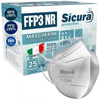 25 Máscarillas FFP3 Homologadas Certificadas CE fabricadas en Italia BFE ≥99% PFE ≥99% Máscarillas ffp3 SANITIZADA sellada individualmente Máscara Homologada ISO dispositivo Médico