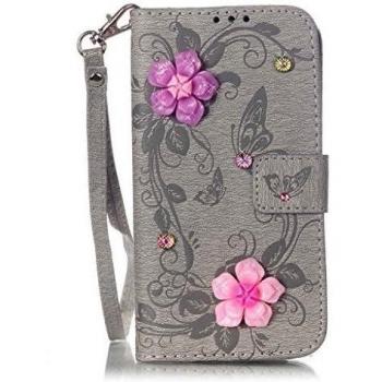 case cover para Samsung Galaxy S6 G9200,Crisant Pegar la flor del rhinestone diseño función billetera Con Ranura Para Tarjetas Soporte Protección flip Teléfono Celular Cuero funda Carcasa para Samsung Galaxy S6 G9200 gris