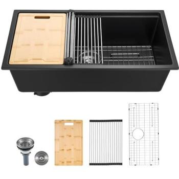 VEVOR 33-Inch Black Granite Undermount Kitchen Sink Workstation with Accessories for RV, Prep Kitchen, and Bar